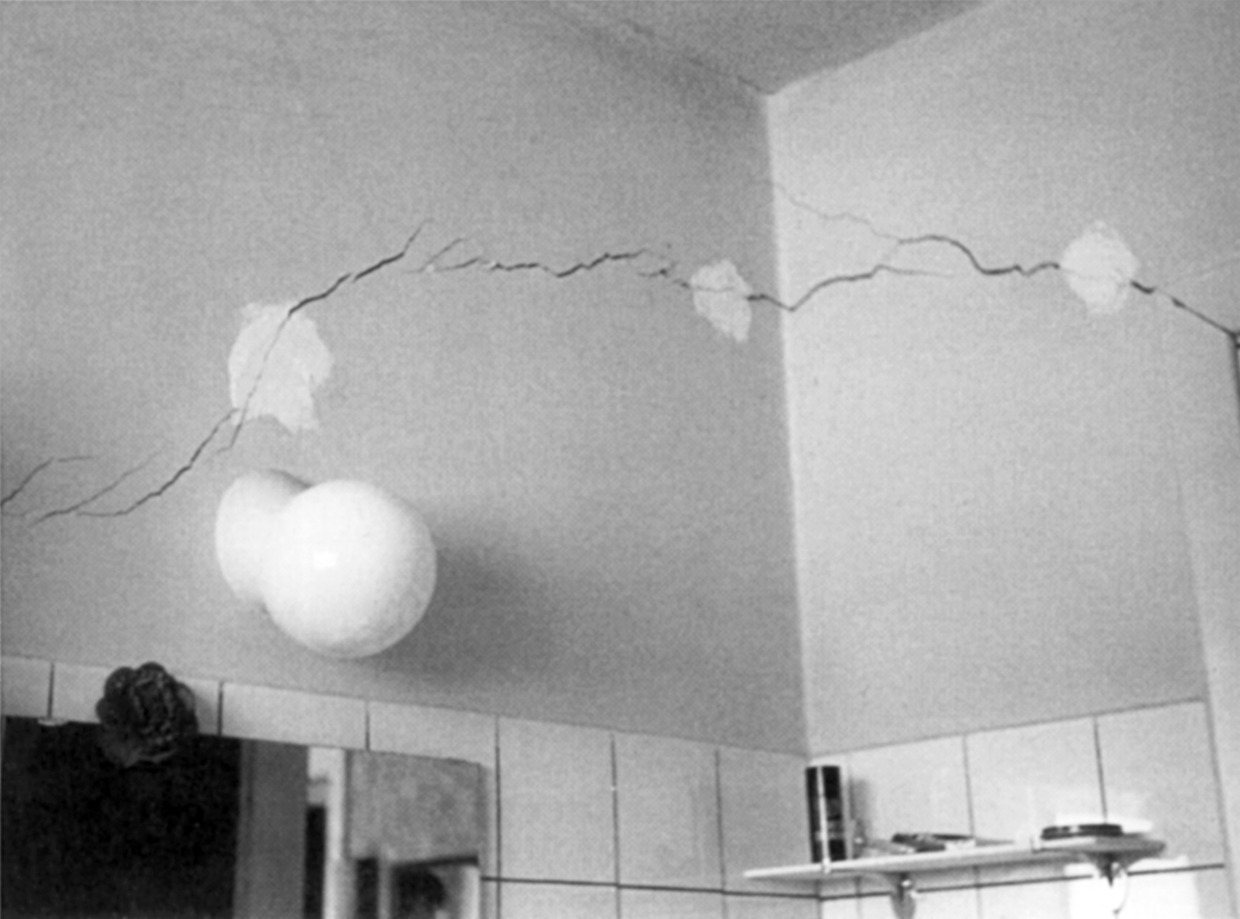 Figur 49 viser, at sætninger er er forårsaget af fundering af et terrændæk på blødbund, kan udløse revner i de indvendige skillevægge.